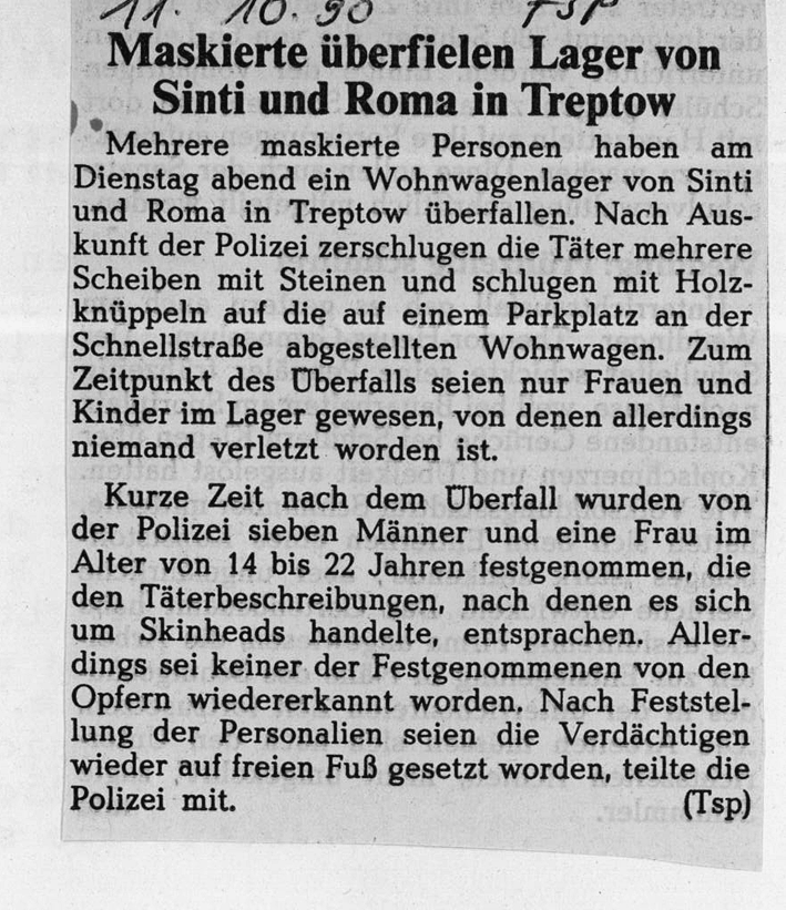 Maskierte überfielen Lager von Sinti und Roma in Treptow