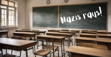 Ein leeres Klassenzimmer. Auf der Tafel steht "Nazis raus!"