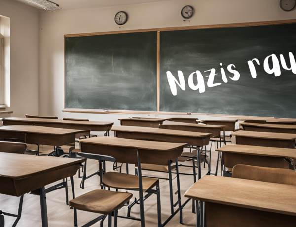 Ein leeres Klassenzimmer. Auf der Tafel steht "Nazis raus!"