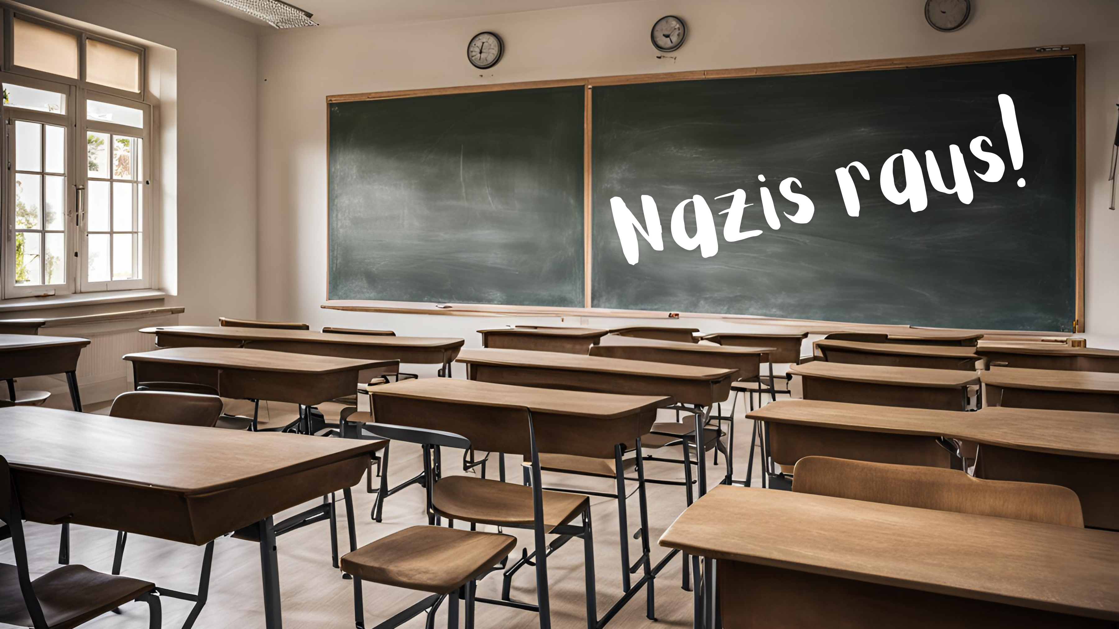 Ein leeres Klassenzimmer. Auf der Tafel steht "Nazis raus!"